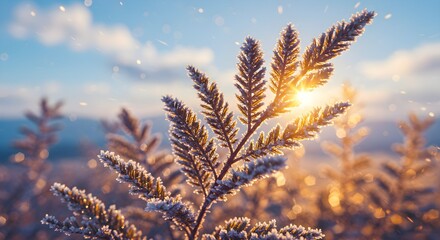 Close Up landscape winter early moments Vibrant Blue And Gold Iridescent Frozen Plant Close Up