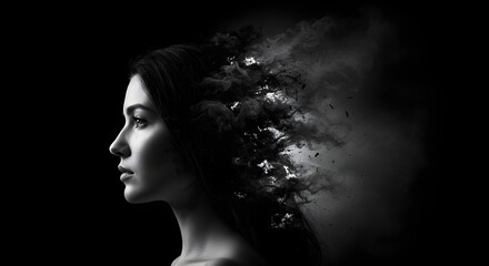 Abstract image of a person's profile with the head of woman smoke wave disintegrating into particles
