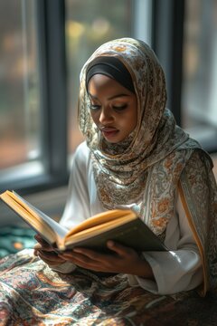 Black Muslim Woman studying and reading quran