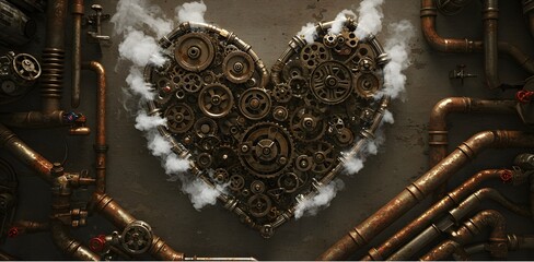 old-fashioned gears made as smoke Steampunk Heart Gear Mechanism in Dark Smoky Setting