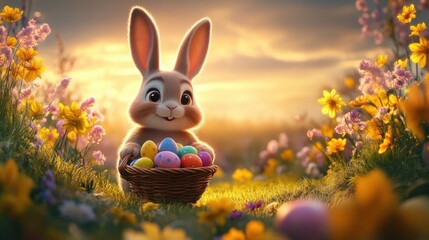 Fototapeta premium Cute bunny holding basket filled with colorful Easter eggs surrounded by vibrant flowers at sunset