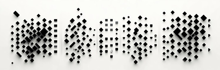 Abstract wall installation featuring five groups of black squares and rectangles casting shadows on a white background, creating a dynamic three-dimensional visual effect