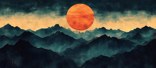 Dark layered mountain range under a dramatic sky with a large orange sun setting or rising, creating a moody and serene atmosphere