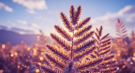 landscape winter early moments Vibrant Blue And Gold Iridescent Frozen Plant Close Up