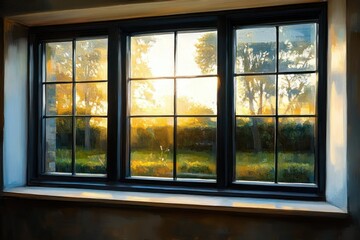 Fototapeta premium View through a segmented window framing a serene garden with green grass and tall trees bathed in warm golden sunlight evoking calm and peaceful morning atmosphere