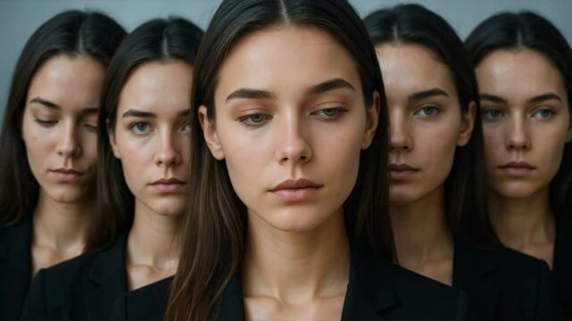 Identical women in standing in formation with one looking forward &mdash; perfect for identity, conformity, or AI-themed content, including cloning ethics, identity theft and deepfakes.
