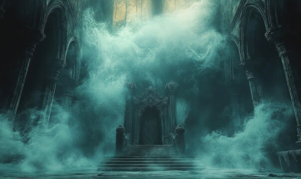 Ancient gothic throne room filled with swirling mist and dim eerie light creating a mysterious and haunting atmosphere