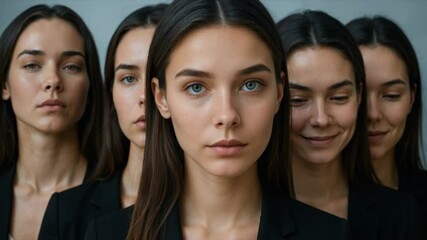 Identical women with subtle facial variations in minimalist lineup — ideal for identity, deepfakes, identity theft, cloning ethics, diversity, individuality, or psychological storytelling. - Powered by Adobe
