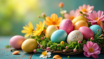 Fototapeta premium Colorful Easter eggs nestled in a spring flower arrangement, radiating joy , Easter eggs hunt, tulip, basket