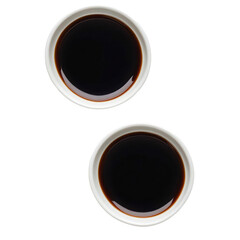 Top and Side View Bundle of Dark Soy Sauce Served in White Dishes on Transparent Background

