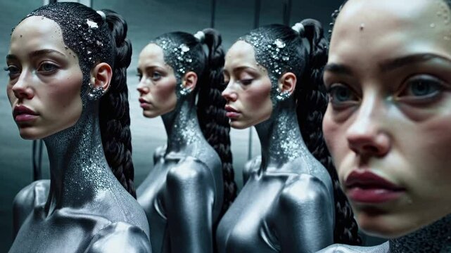 Silver android women with glittering bodysuits and high ponytails &mdash; great for futuristic fashion, tech-forward concepts, cloning or luxury sci-fi visuals.

