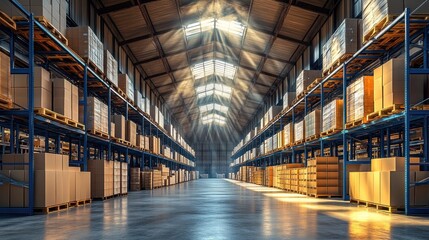 Fototapeta premium Spacious warehouse interior with high shelves filled with neatly stacked cardboard boxes and pallets under natural light from high windows