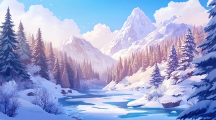 Obraz premium Illustrative winter mountain scene, serene and idyllic atmosphere landscape