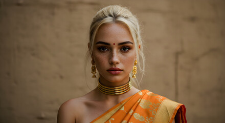 Portrait of a blonde European young Woman with Freckles Wearing an Orange Sari and Gold Jewelry