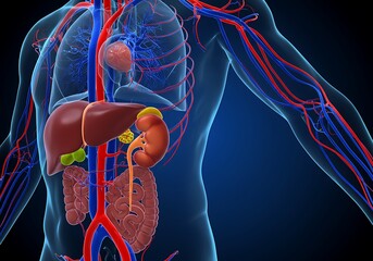 Human Anatomy: Detailed Upper Abdominal Organs and Vascular System, Blue-toned Medical Illustration