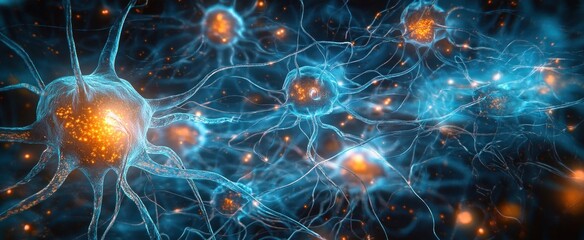 Close-up digital visualization of glowing neural cells with interconnected branches transmitting signals in a dynamic biological network