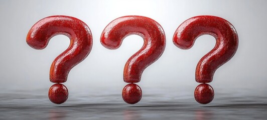 Three large red question marks standing in a row on a reflective surface against a neutral gradient background, evoking curiosity and uncertainty