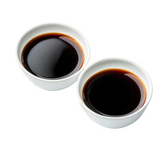 Top and Side View Bundle of Dark Soy Sauce Served in White Dishes on Transparent Background

