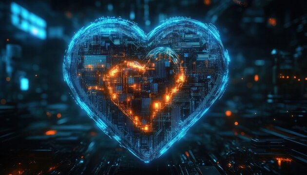 Glowing futuristic digital heart made of blue and orange circuit board patterns in a dark hi-tech environment conveying technology and emotion