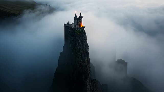 Dark gothic castle atop jagged mountain engulfed in fog fiery glow from windows and turrets evoking mystery and fantasy