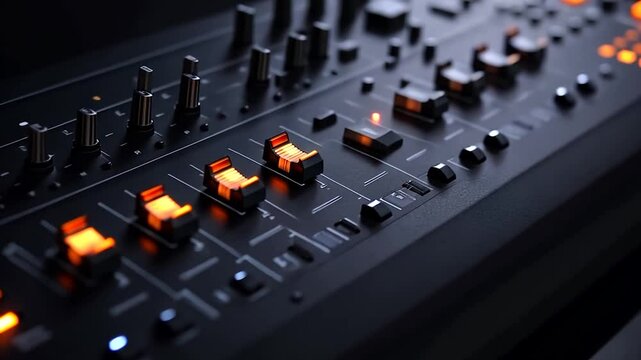 Close-up of a black audio mixing console featuring illuminated orange faders and controls. The composition highlights the device's intricate details and technological design.
