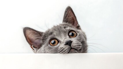 Gray cat with big eyes peering over a white surface curiously