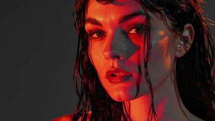 Moody portrait of woman in red lighting with wet hair — ideal for thriller posters, music videos, or beauty editorials.