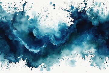 Abstract fluid painting with flowing dark and light blue ink splashes and swirls on white background expressing dynamic movement and energy