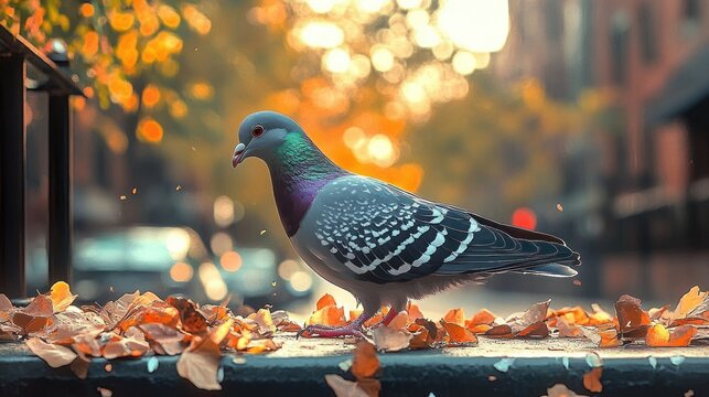 A pigeon standing on a ledge covered with autumn leaves during golden hour with a blurred urban background - Powered by Adobe