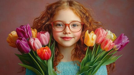 Smiling young girl with curly red hair wearing glasses holding vibrant tulip bouquets with various colors against a plain warm-toned background