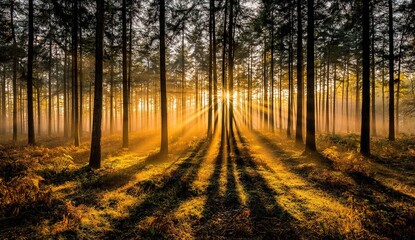 Fototapeta premium Golden Sunlight Through Misty Forest