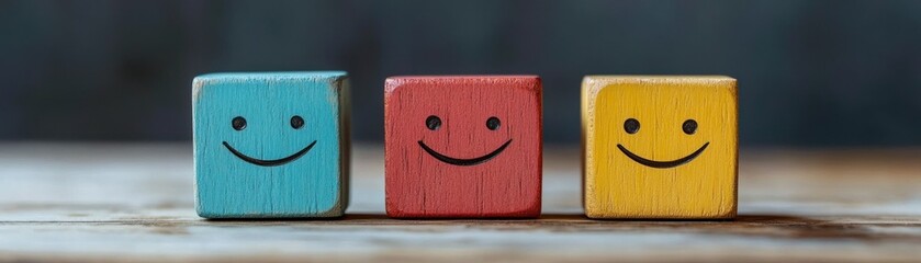Three colorful wooden blocks with smiling faces in blue, red, and yellow placed side by side on a wooden surface conveying happiness and positivity