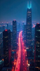 Obraz premium Futuristic cityscape at night, glowing network lines connecting buildings, symbolizing innovative technological connection and progress , information, global