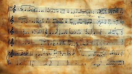 Old vintage sheet music with handwritten musical notes, annotations, and a yellowed paper background showing signs of aging and stains