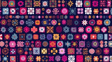 Motifs géométriques et floraux multicolores sur fond foncé