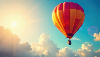 Fototapeta premium Joyful hot air balloon ascension on a sunny birthday, vibrant colors, celebratory atmosphere , clouds, aerial view