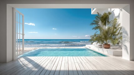 Fototapeta premium A serene beachfront view from a modern home with a pool, showcasing tranquility and relaxation.