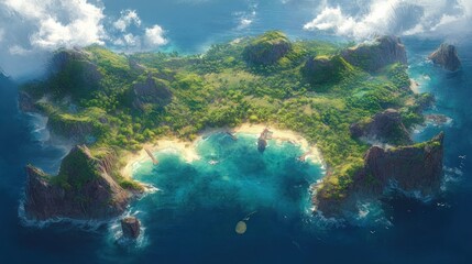Aerial view of a lush green island surrounded by deep blue ocean under a partly cloudy sky, with cliffs, sandy beaches, and a sailing ship near the shoreline