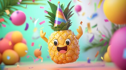 Fototapeta premium Joyful pineapple character in a festive celebration setting.