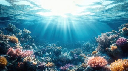 Fototapeta premium Bright underwater scene with sunlight rays penetrating the water surface illuminating colorful coral reef formations