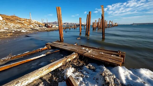 Coastal landscape features weathered wooden structures and snowy patches along the shoreline with a background of the ocean and distant structures under a vibrant blue sky.