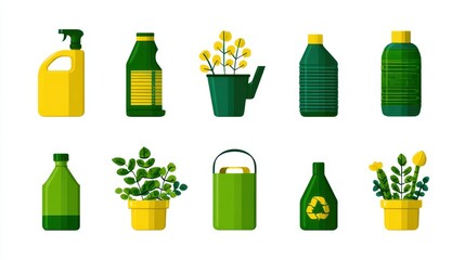 Icônes de bouteilles et de plantes en style plat