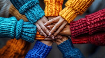 Diverse group of people wearing colorful knitted sweaters joining hands in a circle, symbolizing unity and support