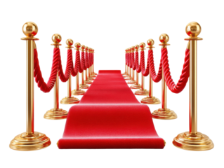 Royal Red Carpet: A vibrant red carpet, flanked by elegant gold stanchions and ropes, unrolls invitingly, heralding an event of grandeur and anticipation.
