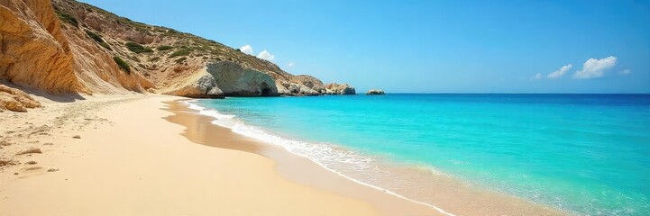 Sun-drenched Maltese beach scene, vibrant blue sea, golden sand, clear sky, idyllic summer landscape, perfect for travel brochures or holiday websites , sky, picturesque, vibrant