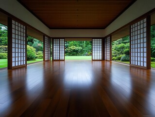 Obraz premium Elegant family home with a large open living space, accentuated by handcrafted wooden shoji screens