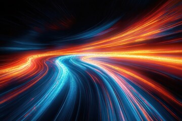 Abstract streaks of blue and orange light trails curving with dynamic motion on a dark background creating a sense of high energy and speed