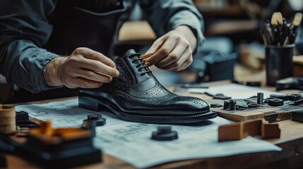 Craftsman polishing a black leather dress shoe on a workbench surrounded by shoe-making tools and materials in a workshop setting