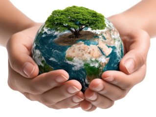 A Nurturing Embrace: Two hands gently cradle the Earth, a flourishing tree symbolizing growth and the crucial relationship between humanity and nature.