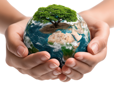 A Nurturing Embrace: Two hands gently cradle the Earth, a flourishing tree symbolizing growth and the crucial relationship between humanity and nature.